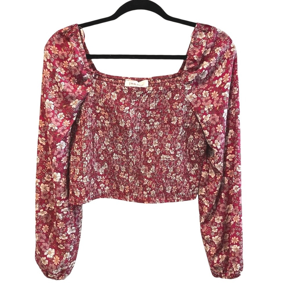 Pink Rose Womens Smocked Floral Puff Sleeve Crop Top Burgundy PF2W20797 Size M